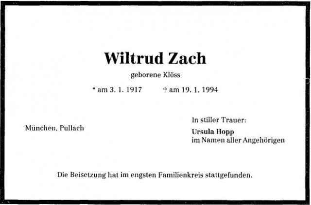 Kloess Wiltrud 1917-1994 Todesanzeige